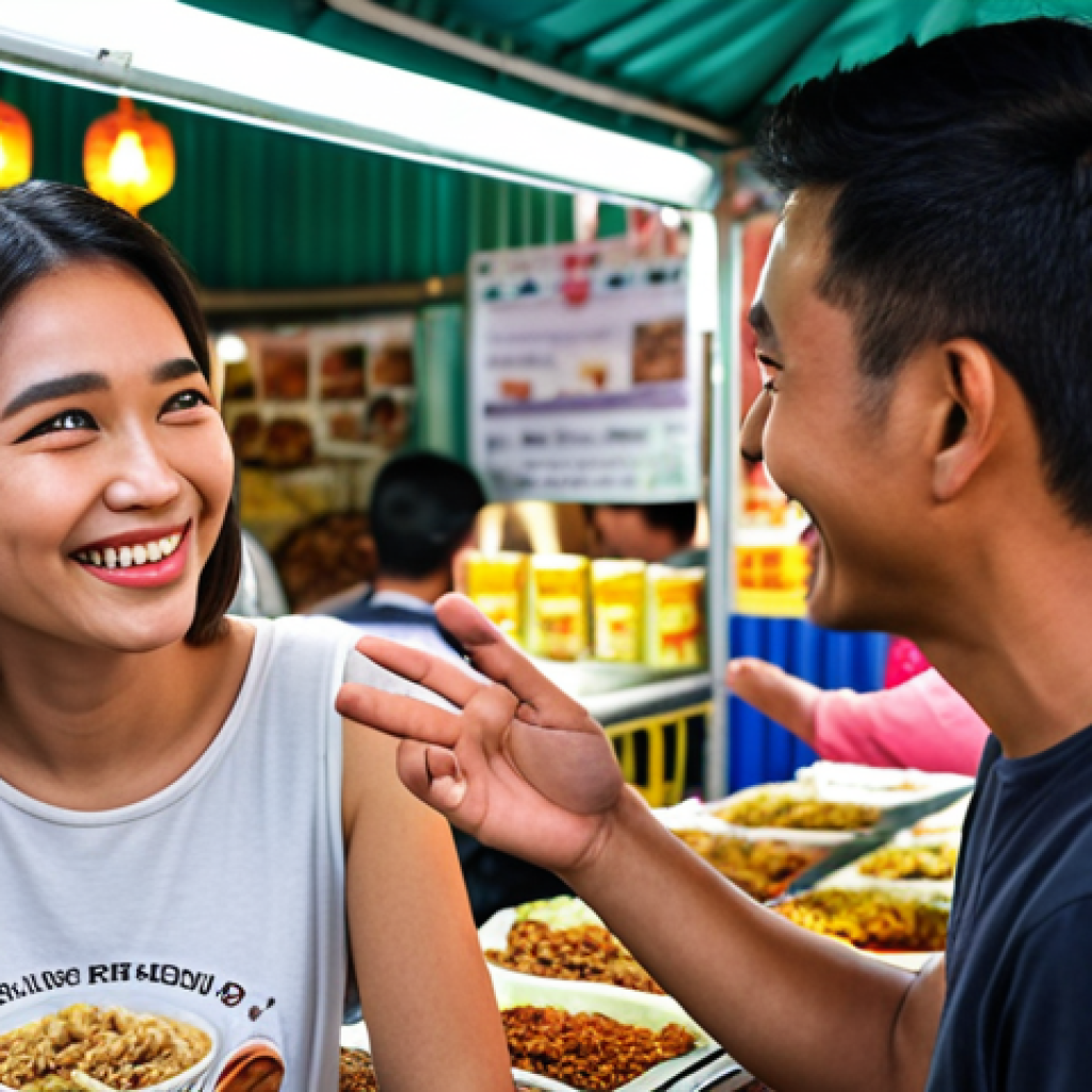 **

A friendly Malaysian influencer smiling warmly while actively listening to a friend at a "mamak" stall. The friend is gesturing while speaking, and the influencer is making eye contact and nodding. Focus on conveying empathy and active listening in a casual, relatable setting.

**