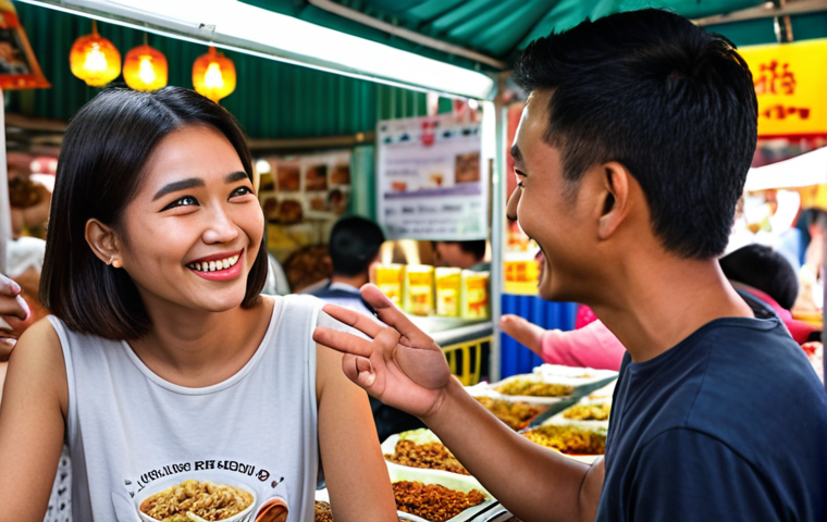 **
A friendly Malaysian influencer smiling warmly while actively listening to a friend at a "mamak" stall. The friend is gesturing while speaking, and the influencer is making eye contact and nodding. Focus on conveying empathy and active listening in a casual, relatable setting.
**