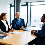 A diverse group of professional individuals engaged in a deep, empathetic conversation in a bright, modern meeting room. They are actively listening to each other, with expressions of understanding and connection. Each person is fully clothed in modest, professional business attire, seated comfortably around a polished conference table. The background features large windows with a subtle blur of an urban landscape, emphasizing a collaborative and harmonious atmosphere. Perfect anatomy, correct proportions, natural poses, well-formed hands, proper finger count, natural body proportions. Safe for work, appropriate content, fully clothed, family-friendly, professional photography, high quality.
