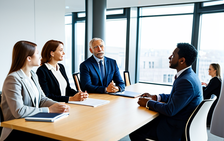 A diverse group of professional individuals engaged in a deep, empathetic conversation in a bright, modern meeting room. They are actively listening to each other, with expressions of understanding and connection. Each person is fully clothed in modest, professional business attire, seated comfortably around a polished conference table. The background features large windows with a subtle blur of an urban landscape, emphasizing a collaborative and harmonious atmosphere. Perfect anatomy, correct proportions, natural poses, well-formed hands, proper finger count, natural body proportions. Safe for work, appropriate content, fully clothed, family-friendly, professional photography, high quality.